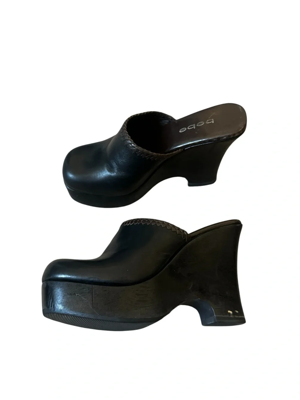 Vintage Bebe Black Leather Wood Platform Mule Clogs Brown Braided 90s Retro Y2K